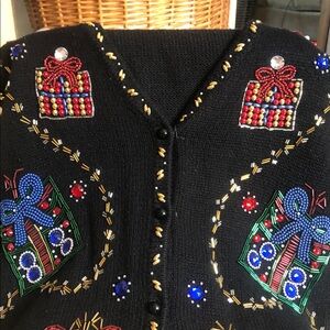 Festive Black Vintage vest by Claudia D 1997 with Gifts and Bejeweled